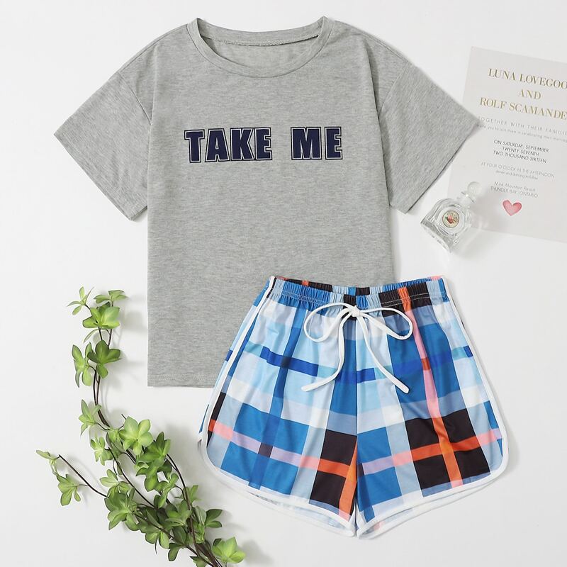 

Slogan Tee & Plaid Dolphin Shorts, Multicolor