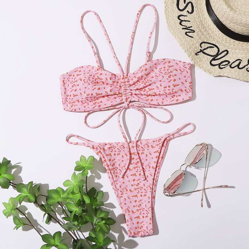 

Drawstring Front Tanga Bikini Swimsuit, Baby pink