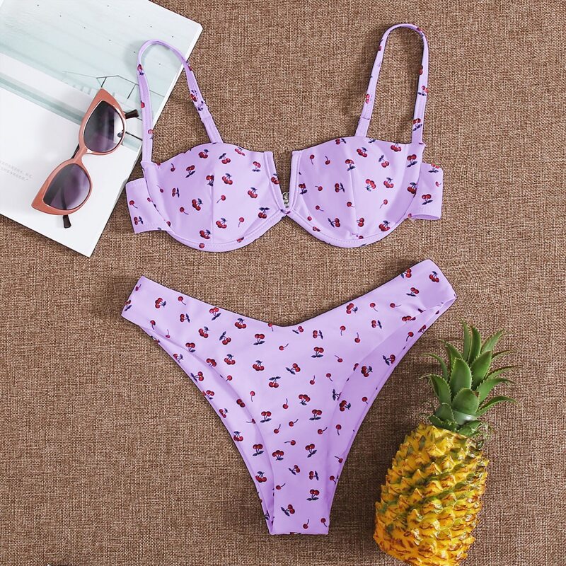 

Cherry Print V Wired Underwire Bikini Swimsuit, Pastel lilac purple