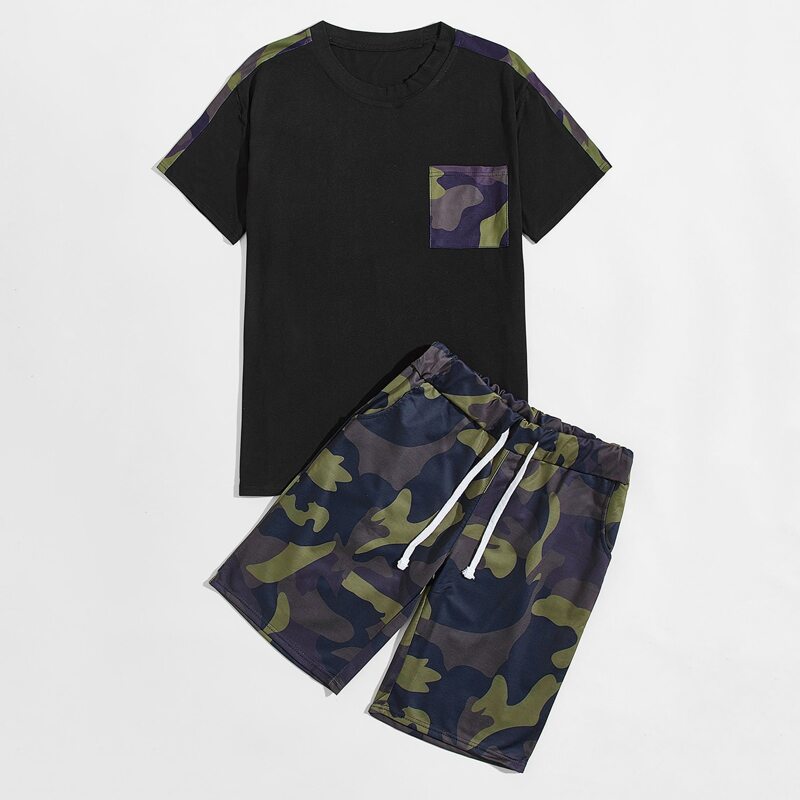 

Guys Camo Print Pocket Front Tee & Drawstring Waist Track Shorts, Multicolor