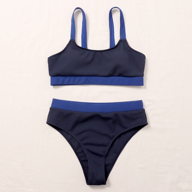 

Rib Contrast Side Bikini Swimsuit, Navy blue
