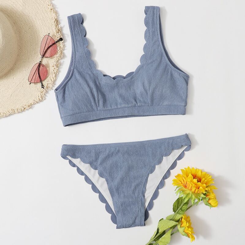 

Rib Scallop Trim Bikini Swimsuit, Pastel dusty blue