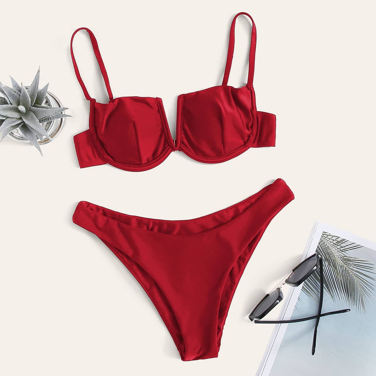 

V Wired Underwire Cheeky Bikini Swimsuit, Red