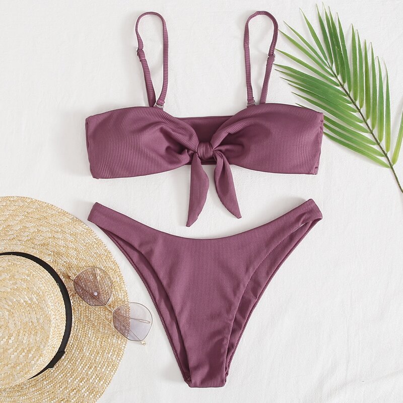

Knot Front High Leg Cami Bikini Swimsuit, Mauve purple