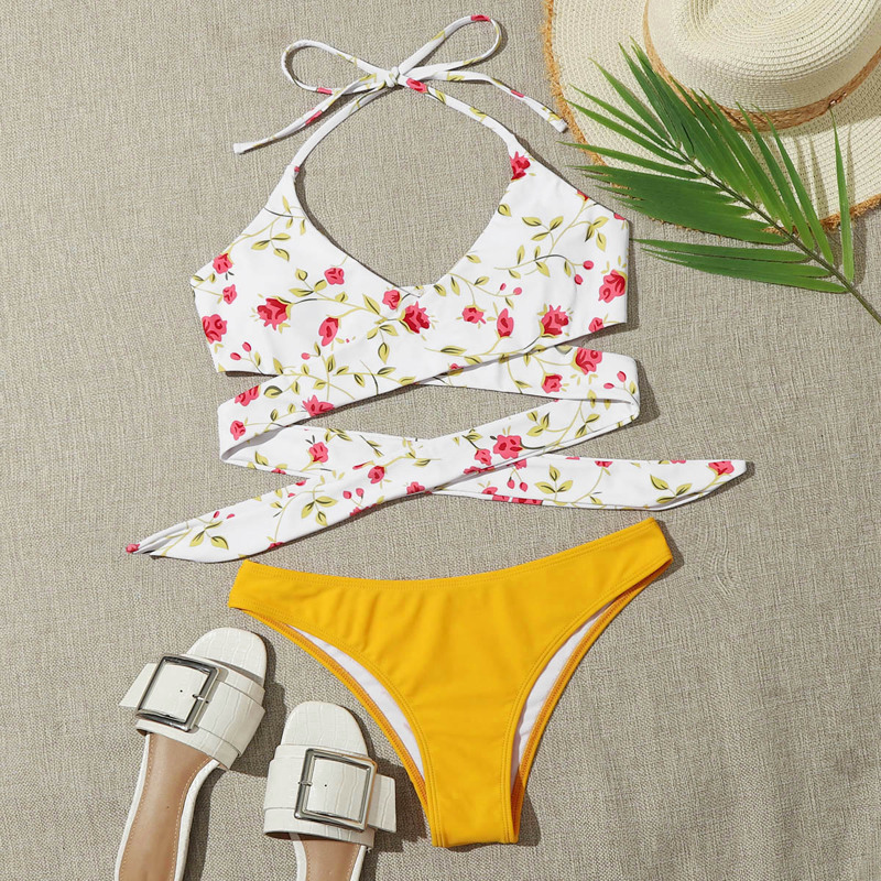 

Floral Print Wrap Halter Bikini Swimsuit, Multicolor