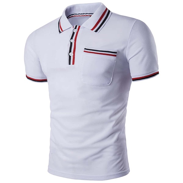 

Men Striped Trim Pocket Front Polo Shirt, White