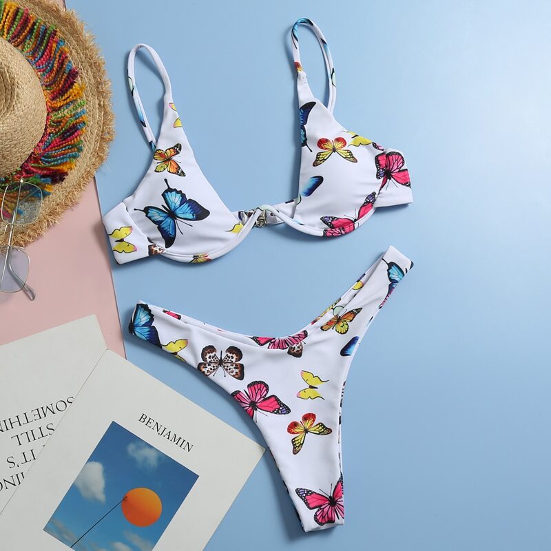 

Butterfly Print Underwire High Cut Bikini Swimsuit, Multicolor