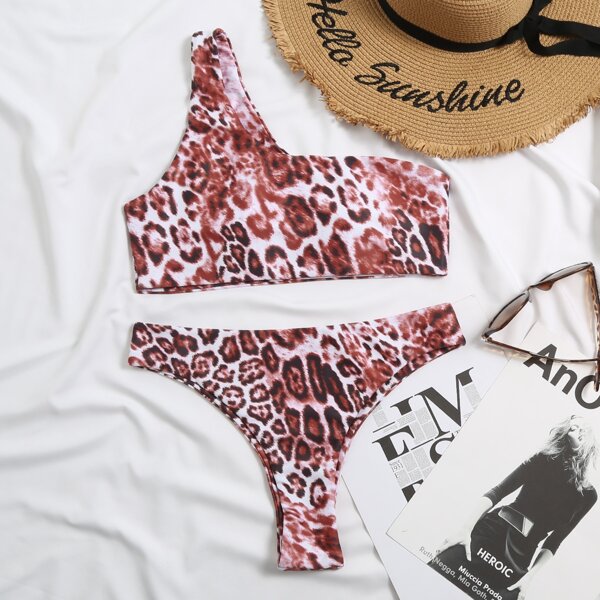 

Leopard One Shoulder Bikini Swimsuit, Redwood