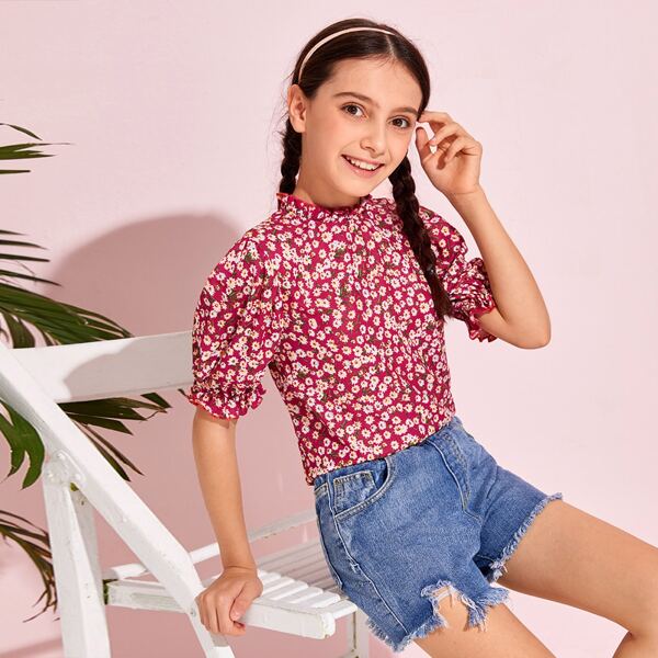 

Girls Frill Trim Ditsy Floral Print Top, Burgundy