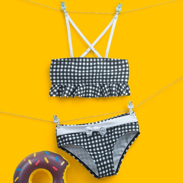 

Toddler Girls Gingham Ruffle Hem Bikini Swimsuit, Black and white
