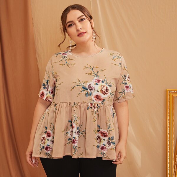 

Plus Floral Print Peplum Blouse, Apricot