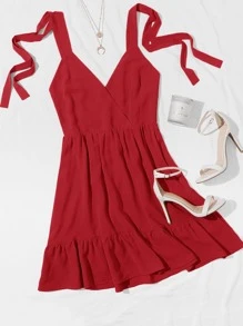 Ruffle Hem Knotted Cami Dress - Red - View 1