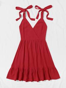 Ruffle Hem Knotted Cami Dress - Red - View 5