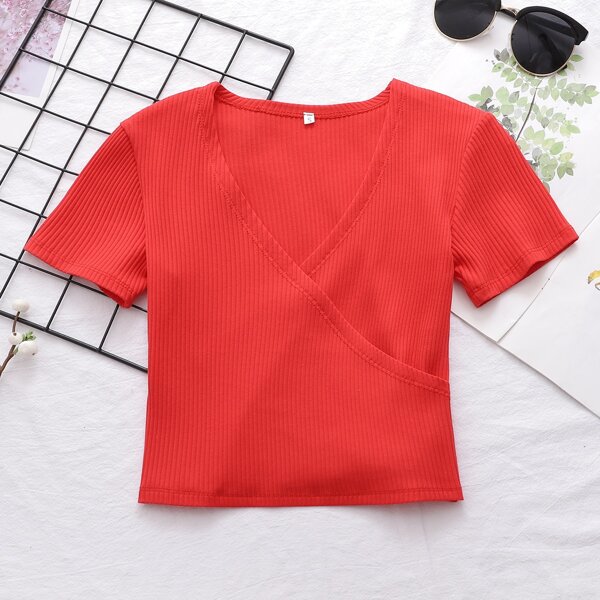 

Solid Surplice Front Tee, Red