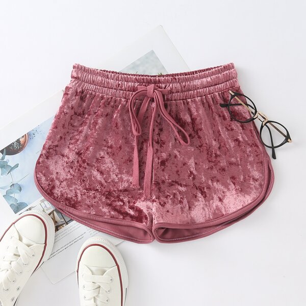 

Drawstring Waist Solid Velvet Shorts, Dusty pink