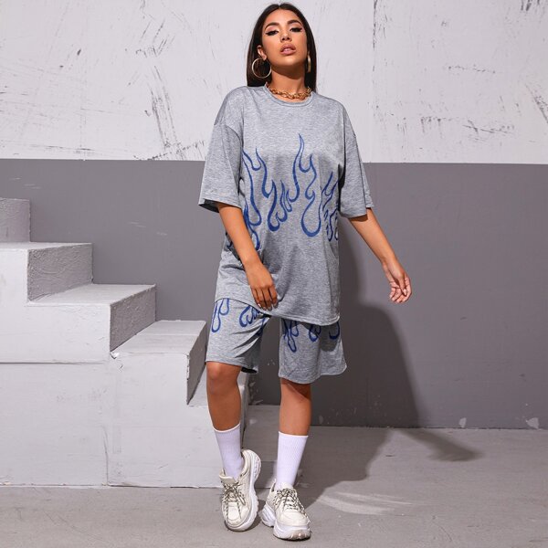 

Drop Shoulder Fire Print Longline Tee, Grey