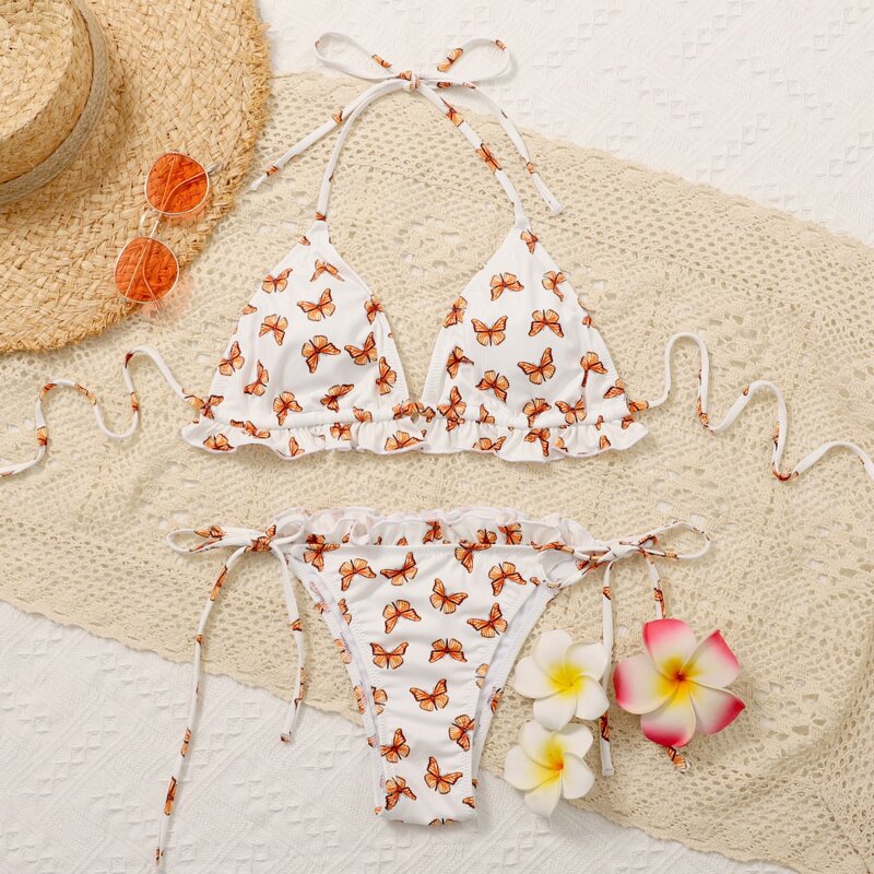 

Butterfly Print Halter Triangle Tie Side Bikini Swimsuit, Multicolor