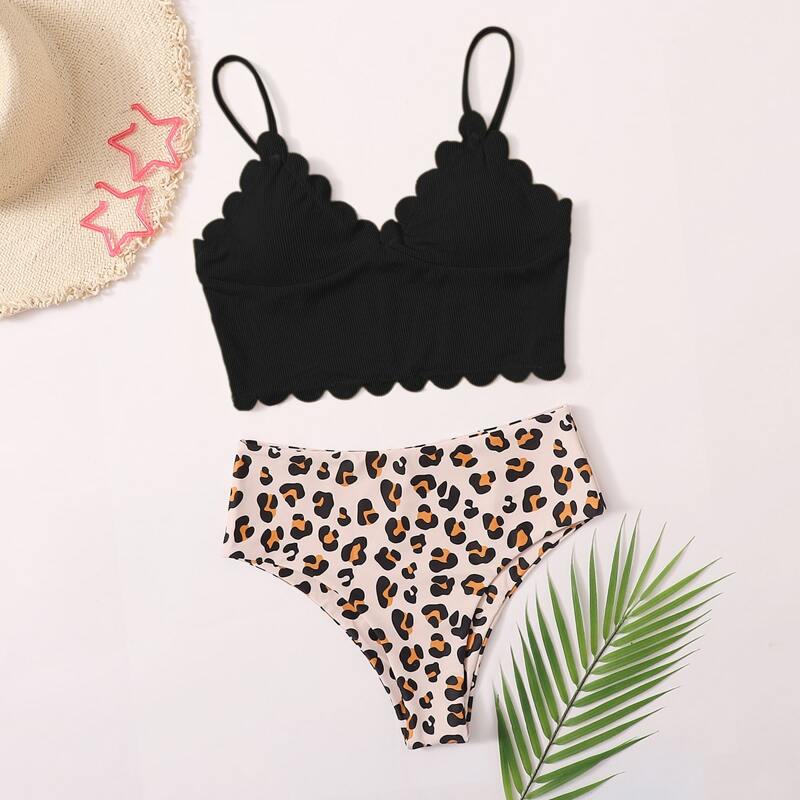 

Leopard Rib Scallop Trim Bikini Swimsuit, Multicolor