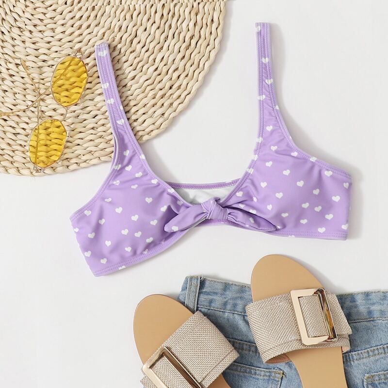 

Heart Print Knot Bikini Top, Lilac purple