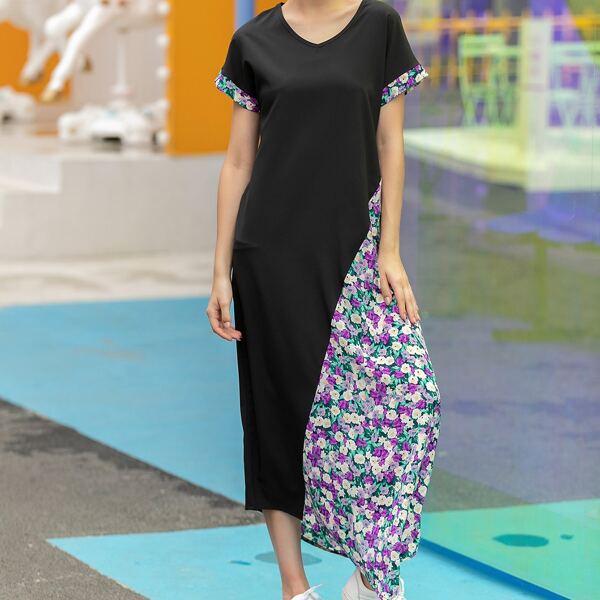 

Контрастное платье с цветочным принтом, Многоцветный