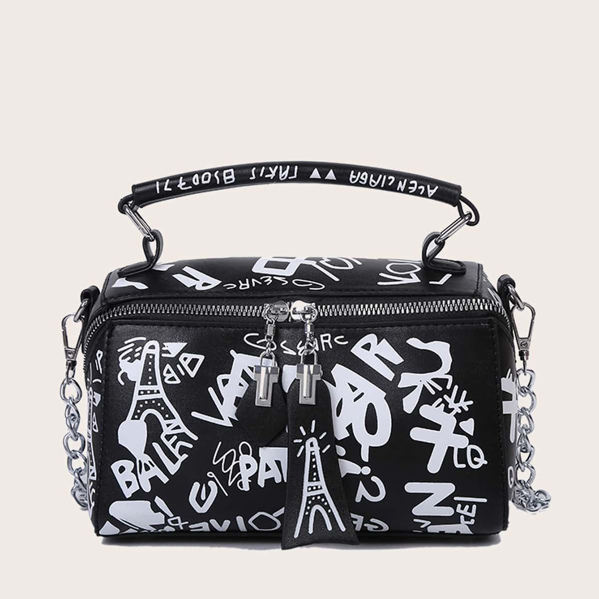 

Graffiti Print Chain Satchel Bag, Black