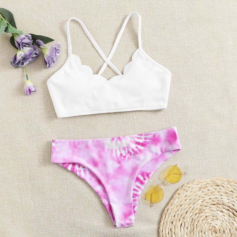 

Tie Dye Scallop Trim Bikini Swimsuit, Multicolor