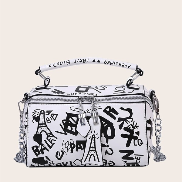 

Graffiti Print Chain Satchel Bag, White
