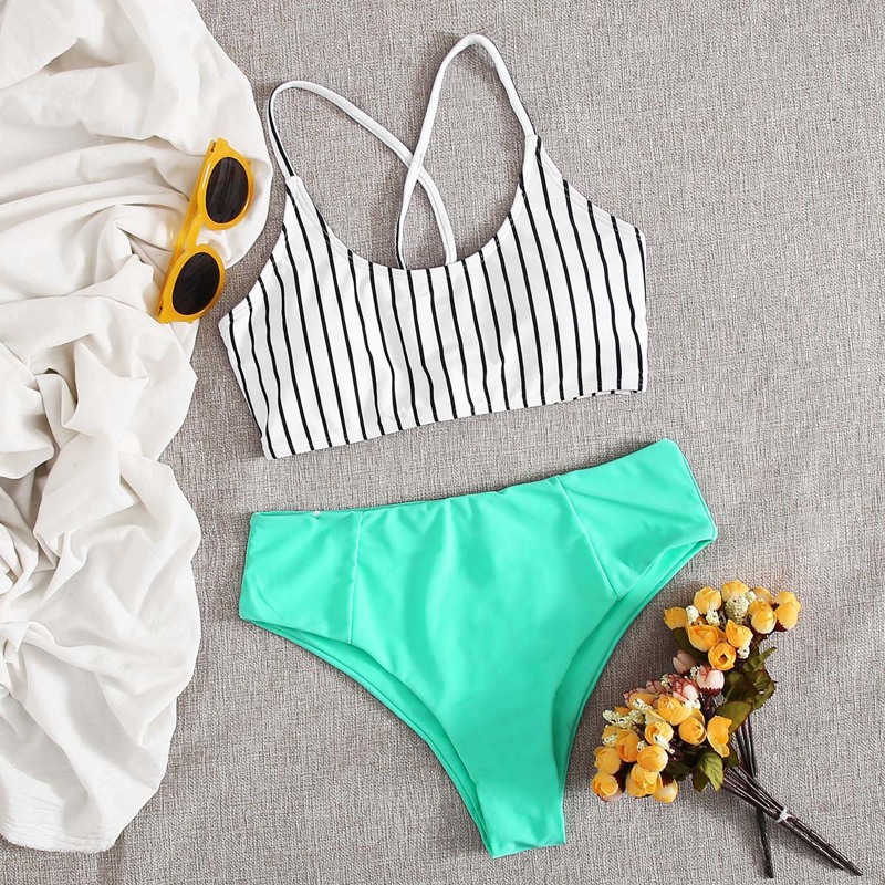 

Lace Up Back Stripe Bikini Swimsuit, Multicolor