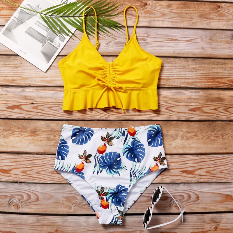 

Tropical Drawstring Ruffle Hem Bikini Swimsuit, Multicolor