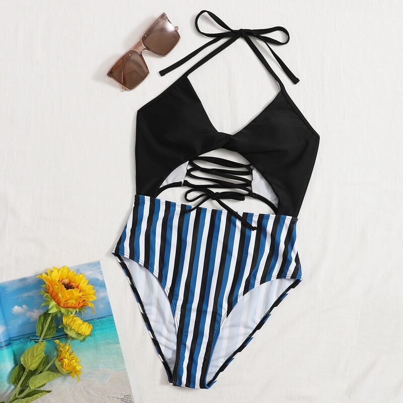 

Striped Cut-out Halter One Piece Swimsuit, Multicolor