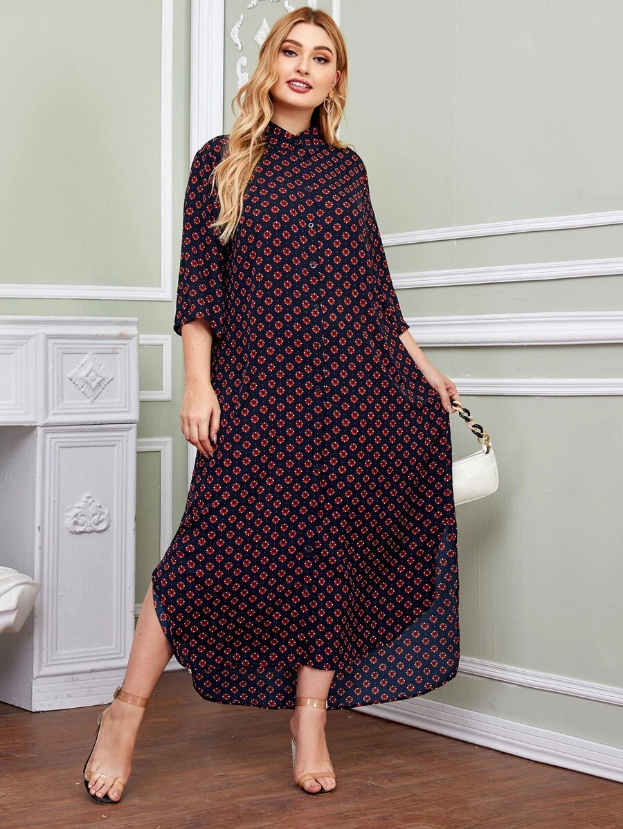 EMERY ROSE 大碼小碎花圖案折疊後百褶弧形下擺襯衫連衣裙