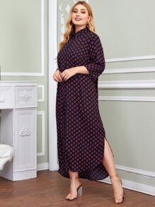 EMERY ROSE 大碼小碎花圖案折疊後百褶弧形下擺襯衫連衣裙