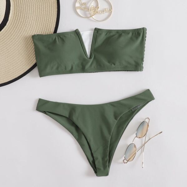 

V Wired Bandeau Bikini Swimsuit, Dark green