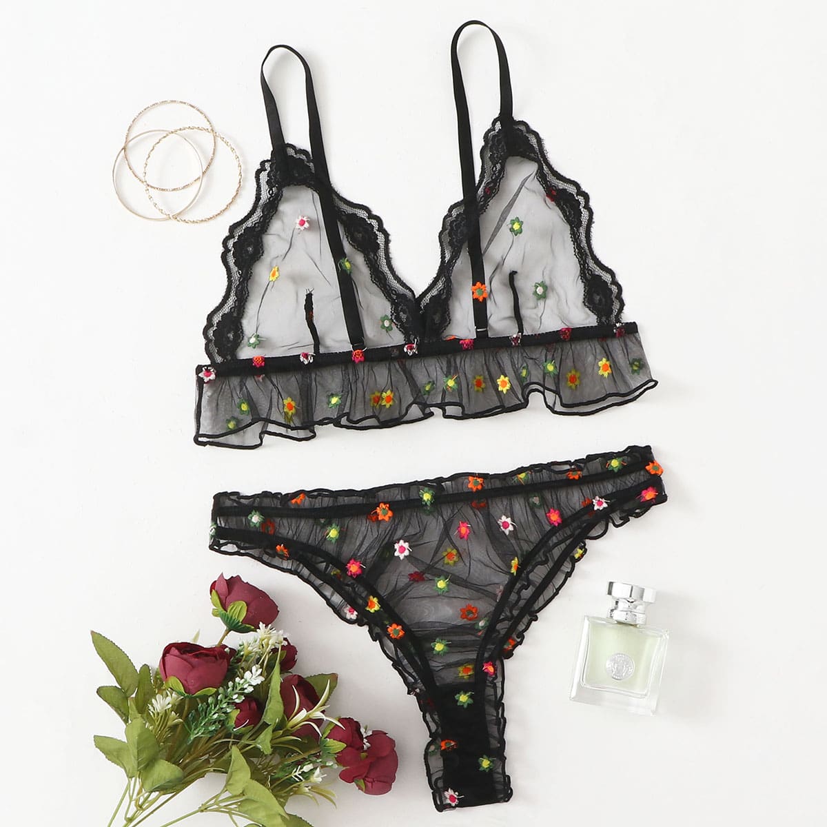 

Floral Sheer Mesh Lingerie Set, Black