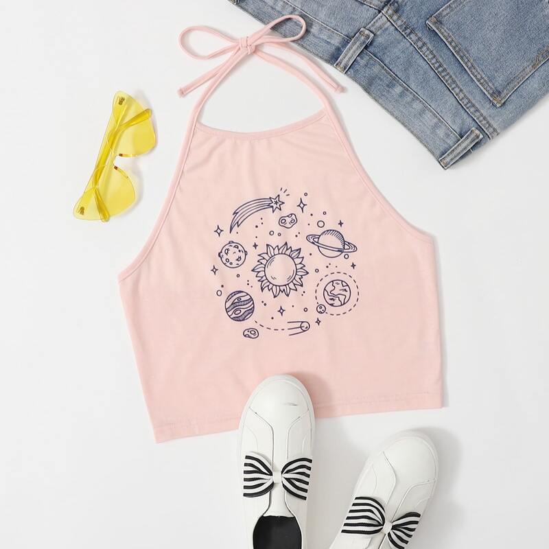 

Planet Graphic Halter Top, Baby pink