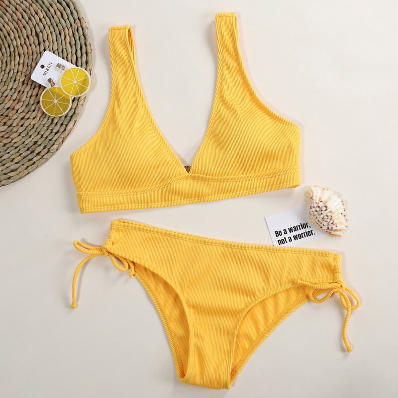 

Rib Tie Side Bikini Swimsuit, Yellow