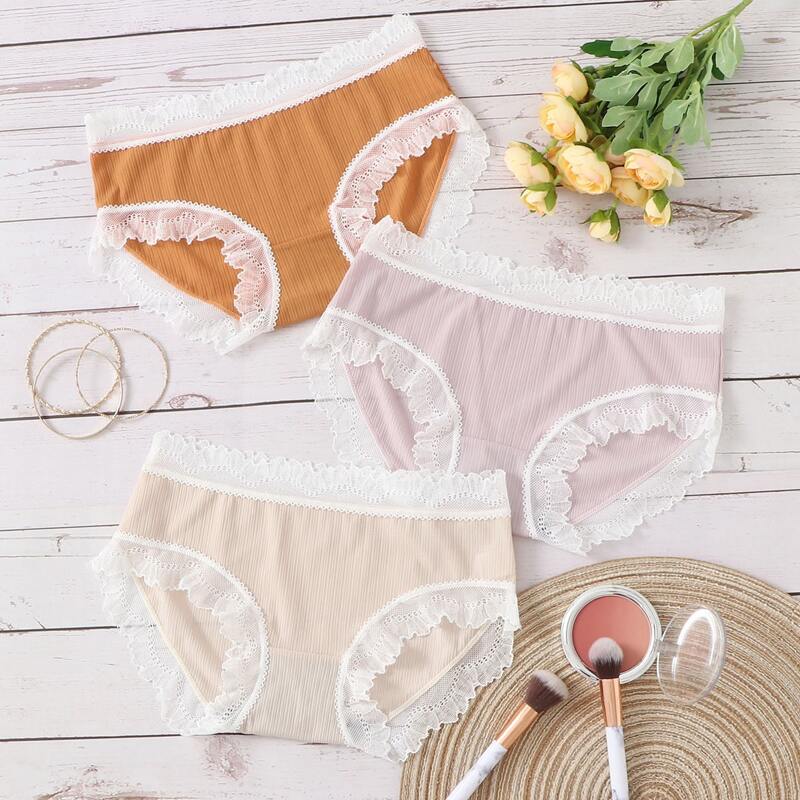 

3pcs Ribbed Lace Trim Panty, Multicolor
