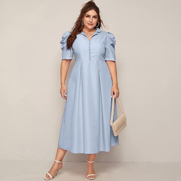 

Plus Puff Sleeve Fold Pleated Front Shirt Dress, Pastel baby blue