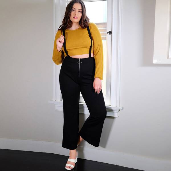 

Plus O-ring Zip Front Flare Leg Suspender Pants, Black