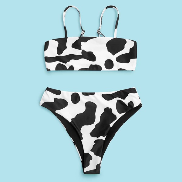 

Girls Cow Print High Waisted Bikini Swimsuit, Black and white