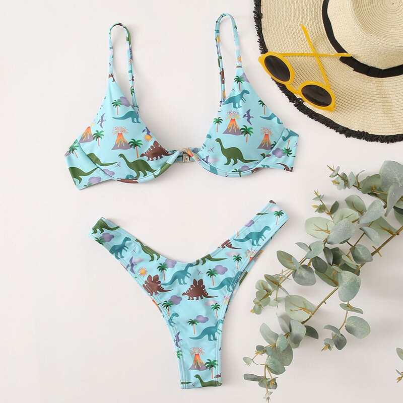 

Cartoon Graphic Underwire Bikini Swimsuit, Pastel baby blue