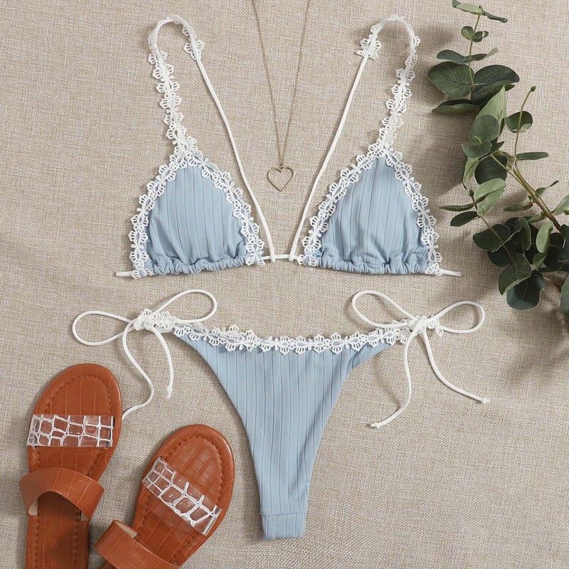 

Crochet Trim Triangle Tie Side Bikini Swimsuit, Pastel dusty blue