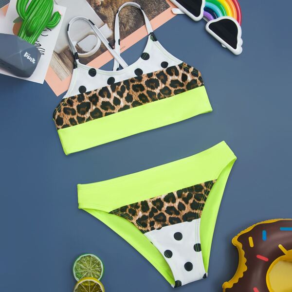 

Girls Leopard & Polka Dot Print Bikini Swimsuit, Multicolor