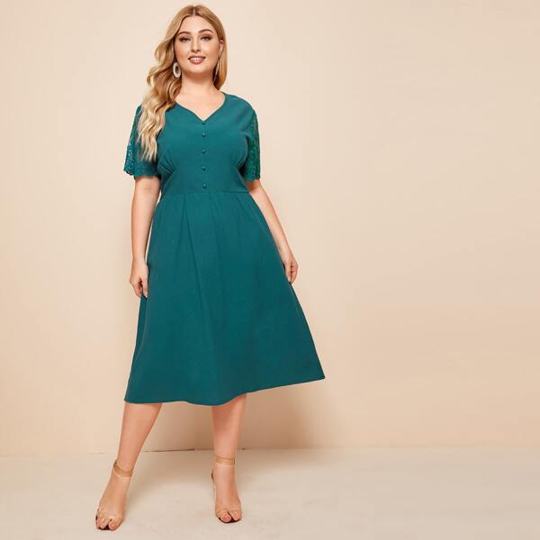 

Plus Embroidered Mesh Button Front Dress, Navy blue