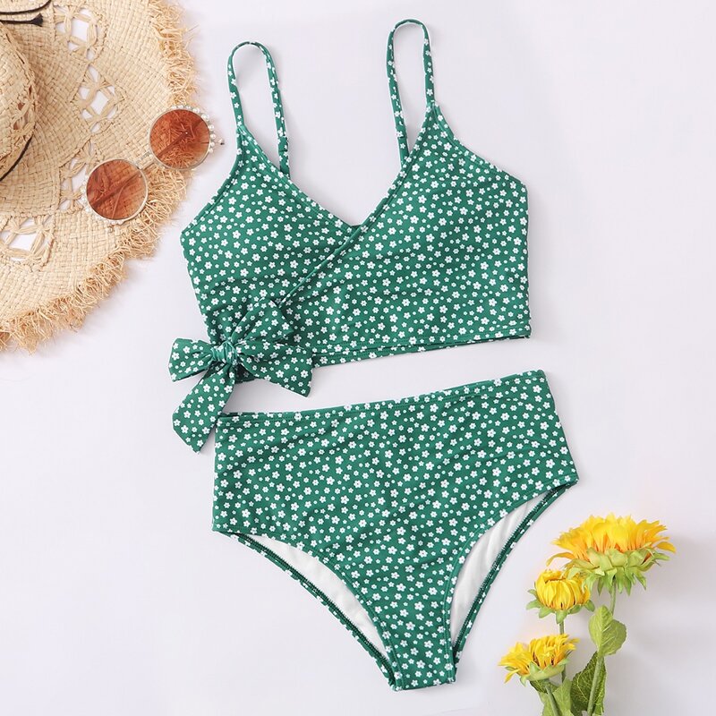 

Daisy Floral Knot Side Bikini Swimsuit, Green