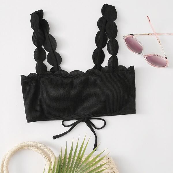 

Ribbed Scalloped Lace-Up Bikini Top, Black