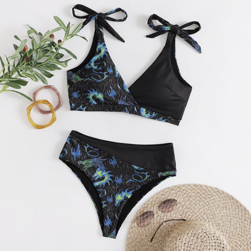 

Dragon Print Tie Shoulder Bikini Swimsuit, Black
