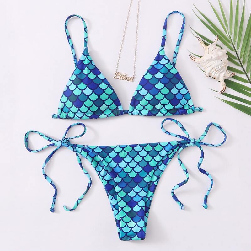 

Fish Scale Print Triangle Tie Side Bikini Swimsuit, Blue