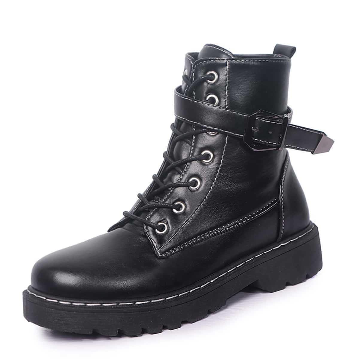 

Contrast Stitching Buckle Combat Boots, Black