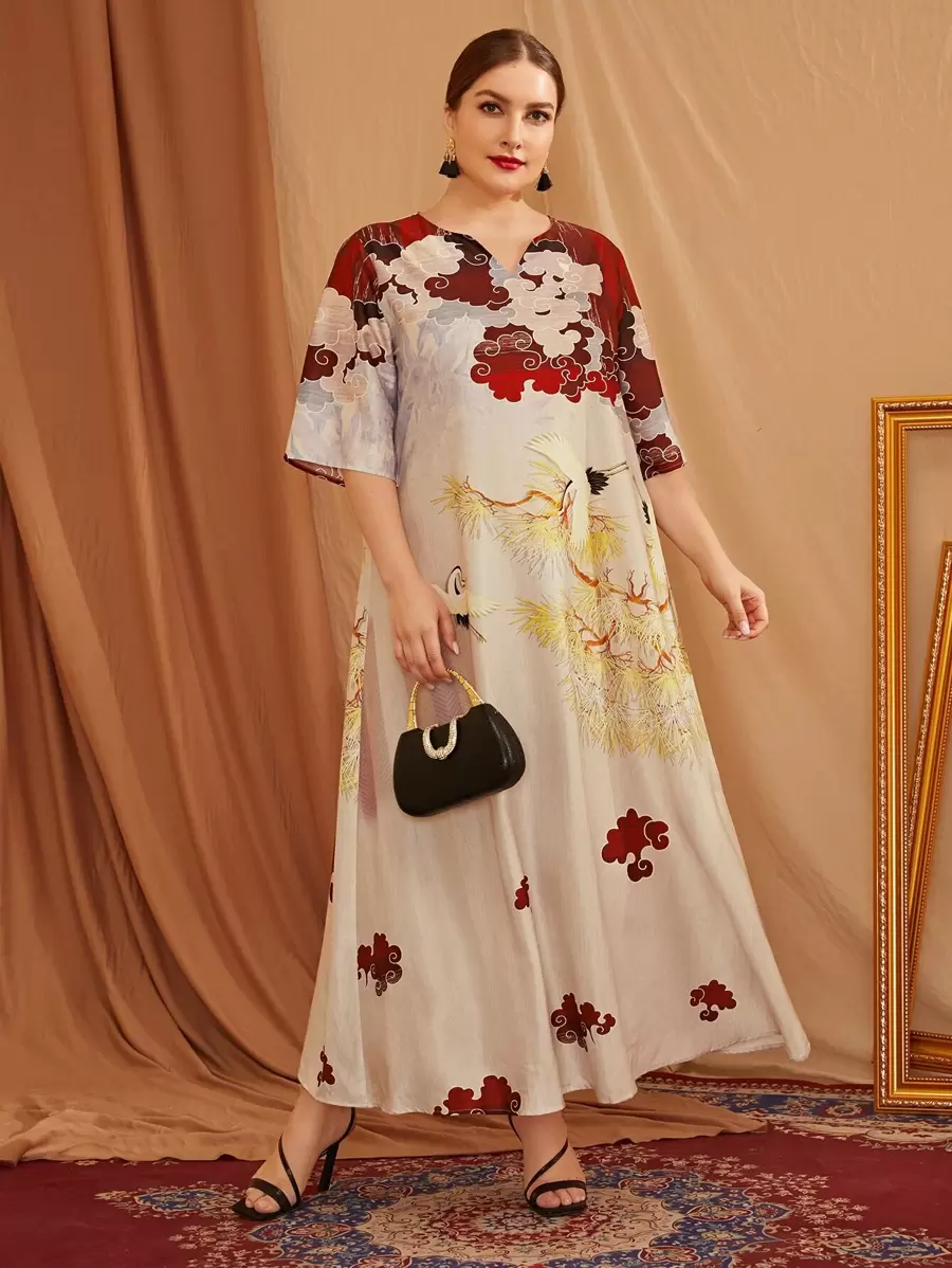 Plus Notched Neckline Crane & Plant Print Dress - Multicolor - View 1